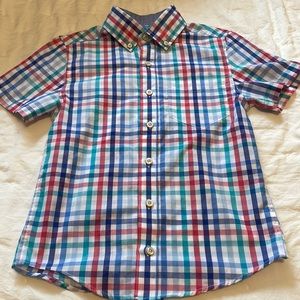 Boys shirt sleeve button down shirt multi colored stripes.